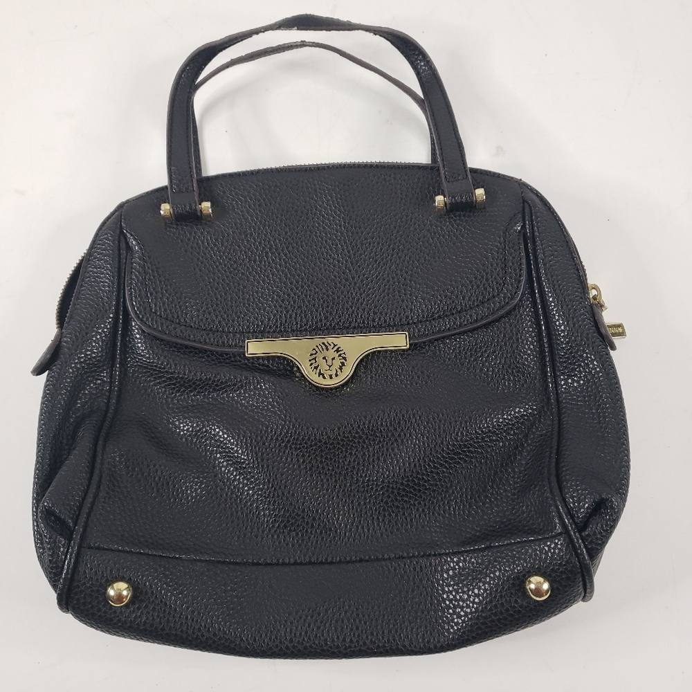 Anne Klein Black Pebbled Leather Satchel Shoulder Bag With Blue Interior